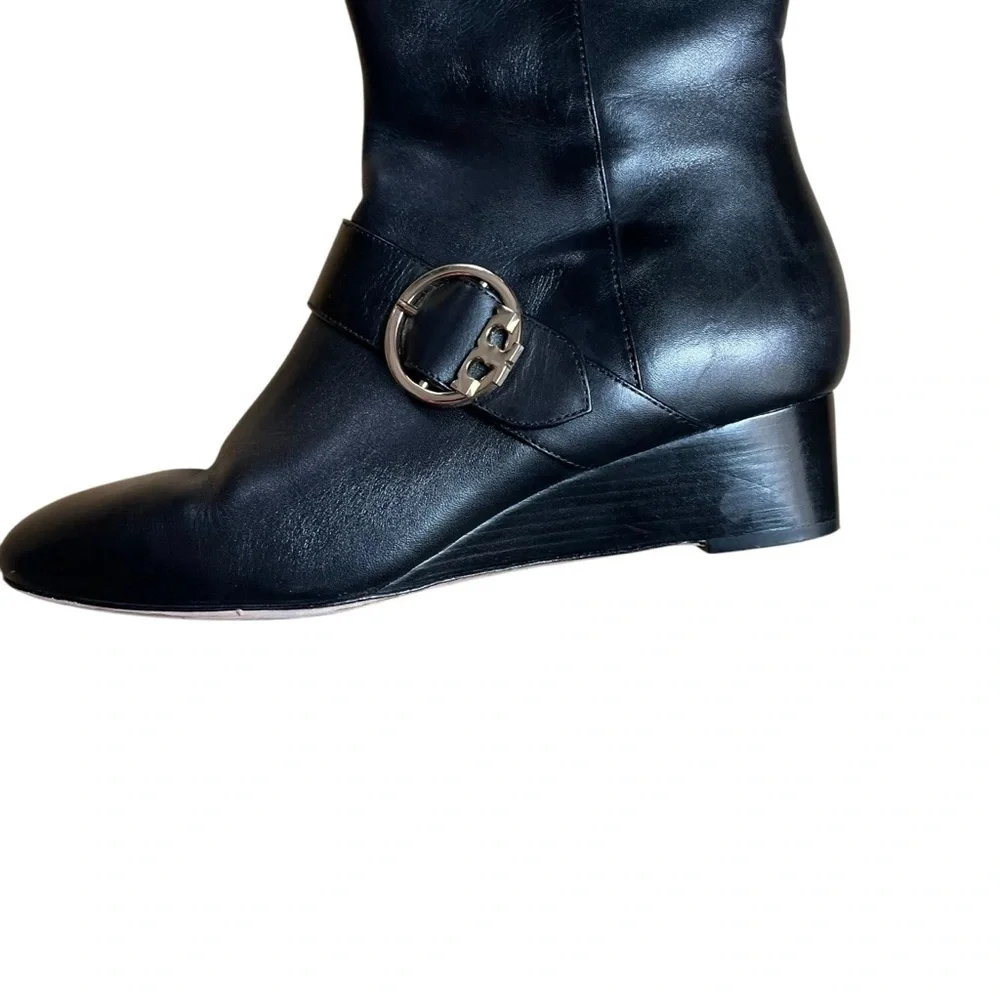 TORY BURCH Sophia Black Nappa Leather Tall Wedge Riding Boots